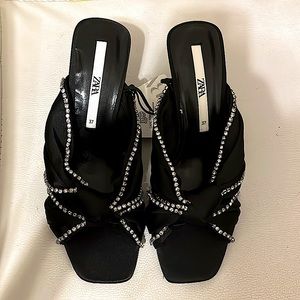 Zara black ruffle rhinestone heels